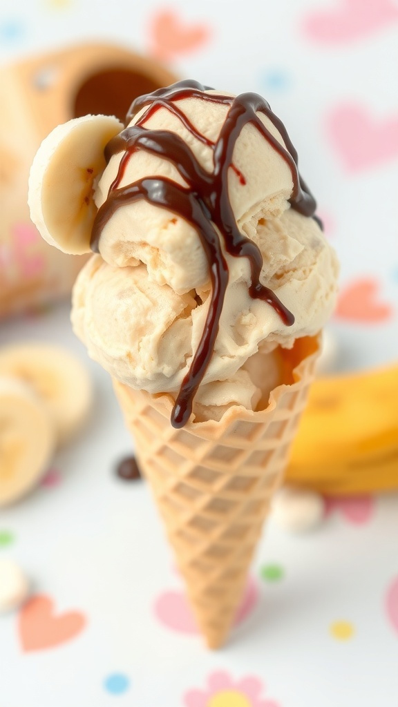 Nutty Peanut Butter Banana Ice Cream in a cone with chocolate drizzle and banana slices