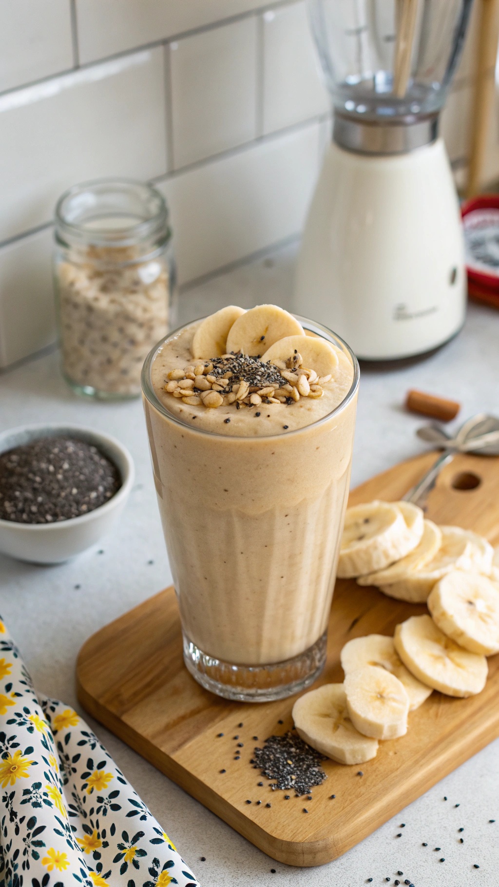 Nutty Peanut Butter Banana Smoothie in a glass with banana slices and chia seeds on top.