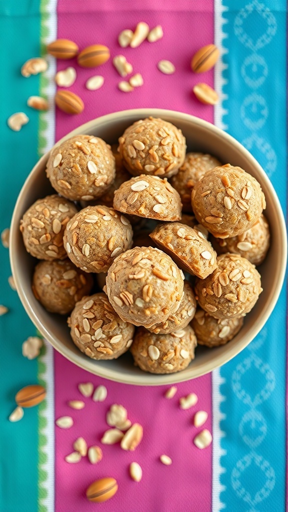 A bowl of nutty peanut butter energy balls on a colorful background