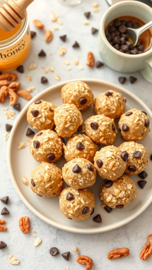 Plate of Nutty Peanut Butter Energy Bites surrounded by honey, chocolate chips, and pecans.