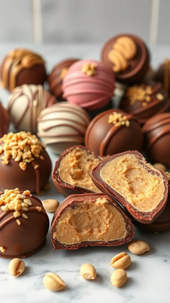 An assortment of peanut butter fat bombs coated in chocolate with peanuts on top.