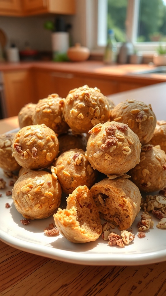 A plate of Nutty Peanut Butter Oatmeal Energy Bites, showcasing their round shape and topped with crunchy oats.