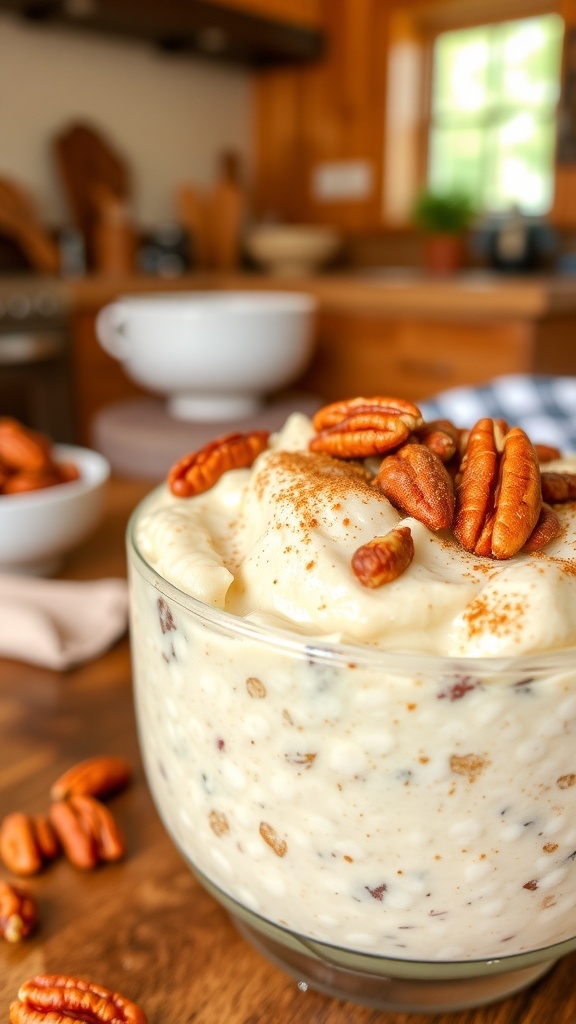 A jar of Nutty Pecan Cheesecake Overnight Oats topped with pecans on a wooden table.