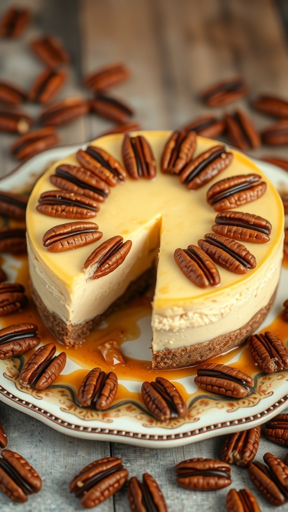 Nutty Pecan Keto Cheesecake with pecans on top and a slice removed
