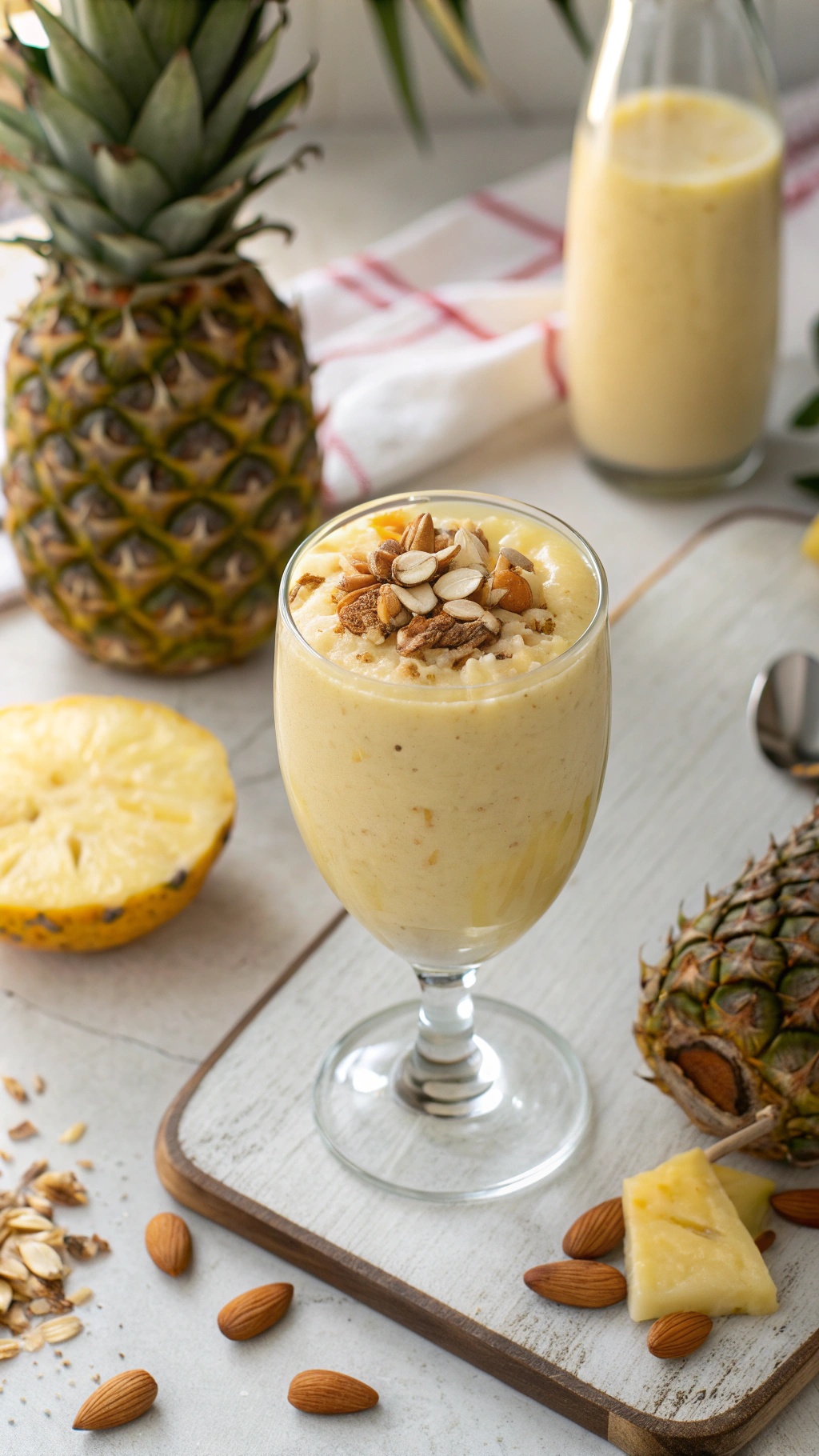 Nutty Pineapple Almond Smoothie in a glass with almonds and pineapple in the background