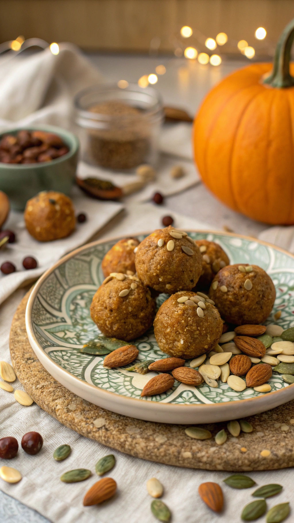 Nutty pumpkin and almond butter energy balls on a decorative plate surrounded by nuts and seeds.