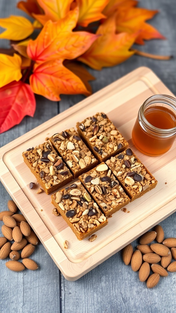 Nutty pumpkin granola bars on a wooden board with almonds and autumn leaves