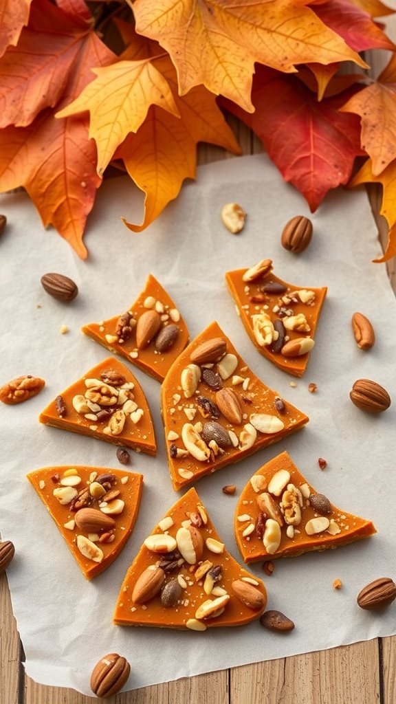 Nutty pumpkin protein bark pieces with assorted nuts on parchment paper, surrounded by autumn leaves.