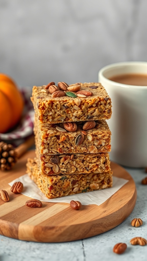 Nutty pumpkin spice granola bars stacked on a wooden board with a cup of coffee in the background.