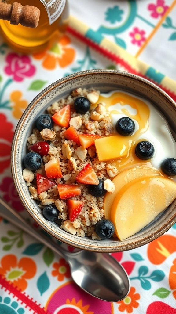 A colorful Nutty Quinoa Breakfast Bowl with fruits and honey on a floral tablecloth.