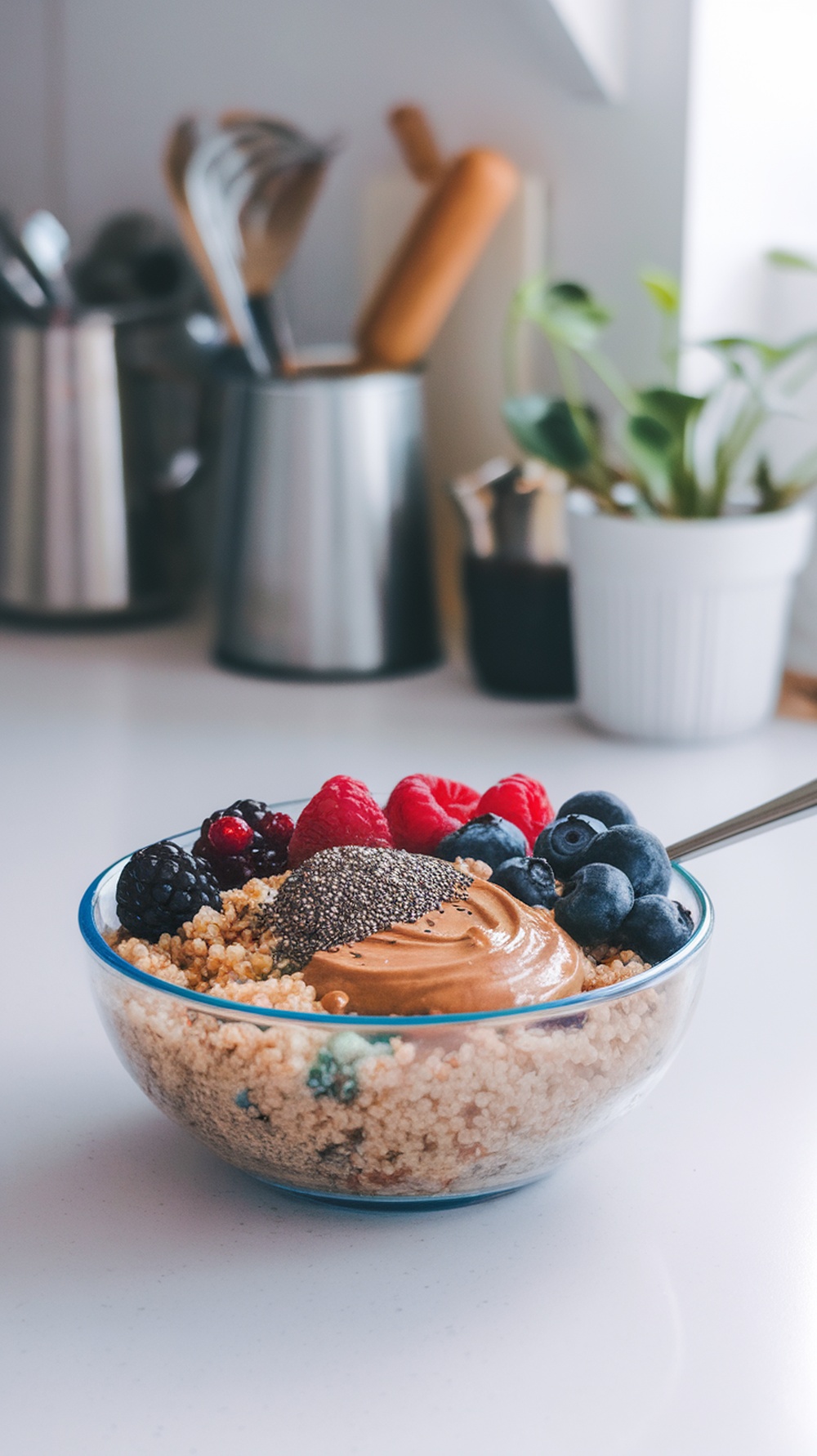 A bowl of nutty quinoa topped with almond butter, mixed berries, and chia seeds.