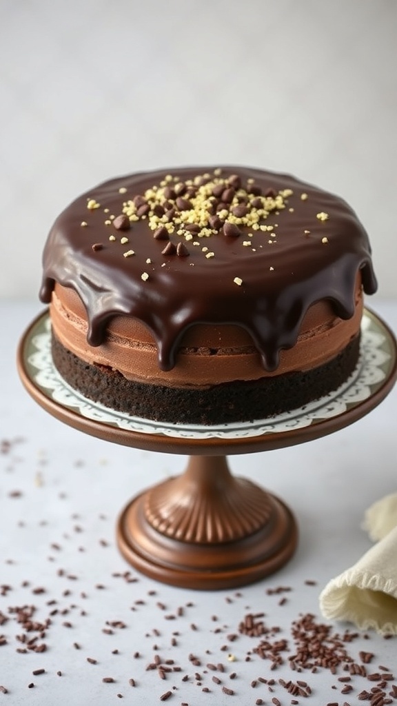 Nutty Quinoa Chocolate Cake topped with chocolate ganache and nuts