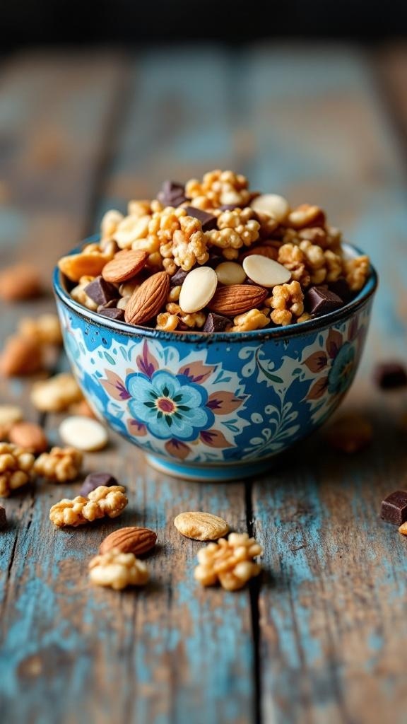 A colorful bowl filled with nutty trail mix, including popcorn, almonds, and dark chocolate pieces, on a wooden table.
