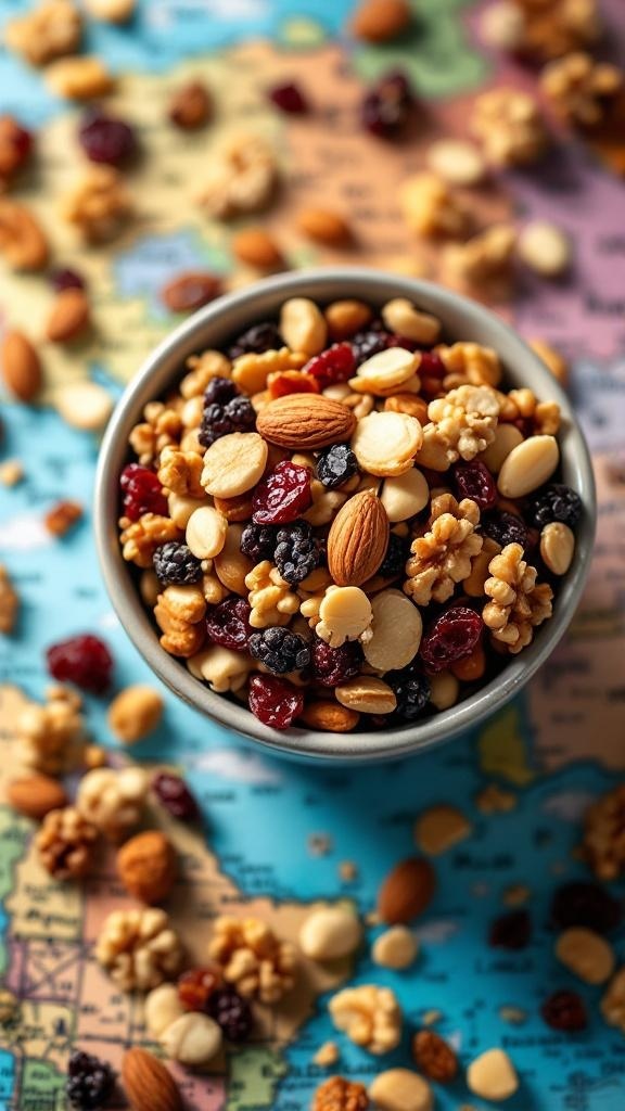 A bowl of nutty trail mix with dried fruits on a colorful map