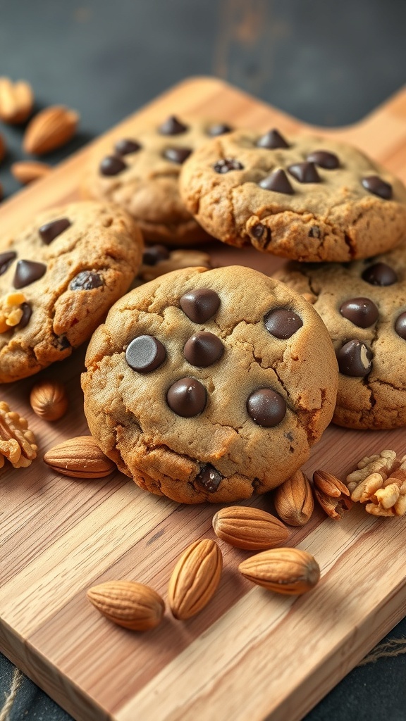 Nutty vegan chocolate chip cookies with almonds and walnuts on a wooden board.