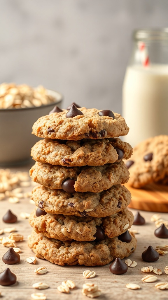 A stack of oatmeal chocolate chip cookies with chocolate chips scattered around, set against a cozy kitchen background.