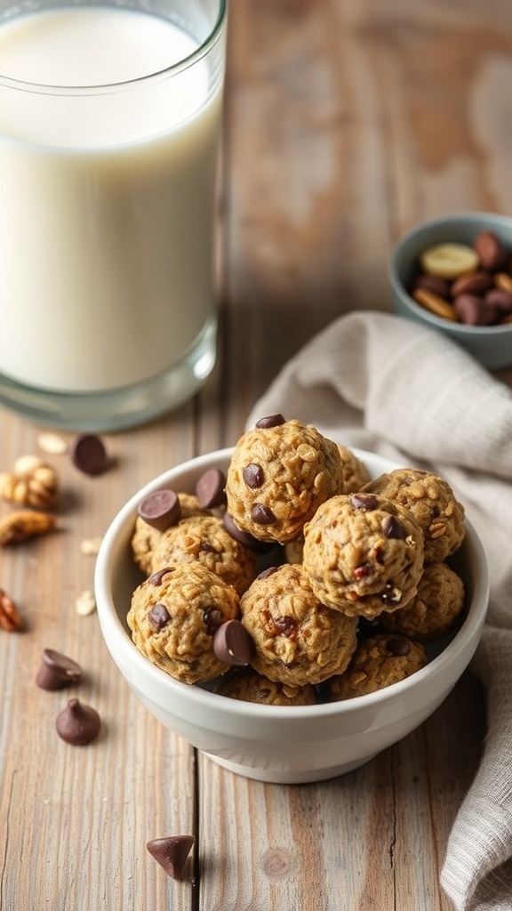 A bowl of oatmeal energy bites with chocolate chips, surrounded by a glass of milk and nuts.
