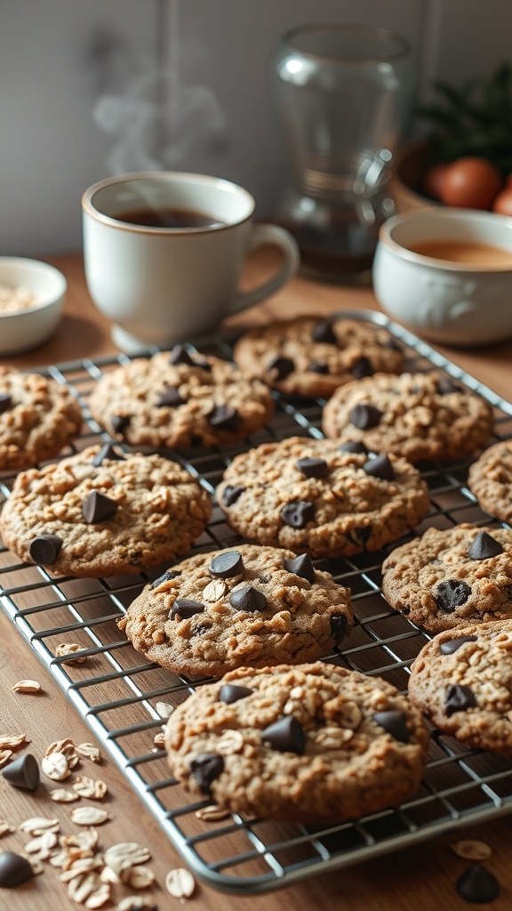 Freshly baked oatmeal chocolate chip cookies cooling on a wire rack with coffee cups in the background.