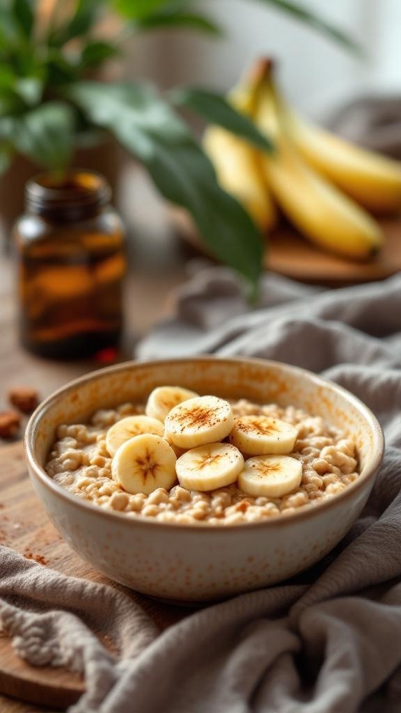 A bowl of oatmeal topped with banana slices and a sprinkle of cinnamon, with bananas and a plant in the background.