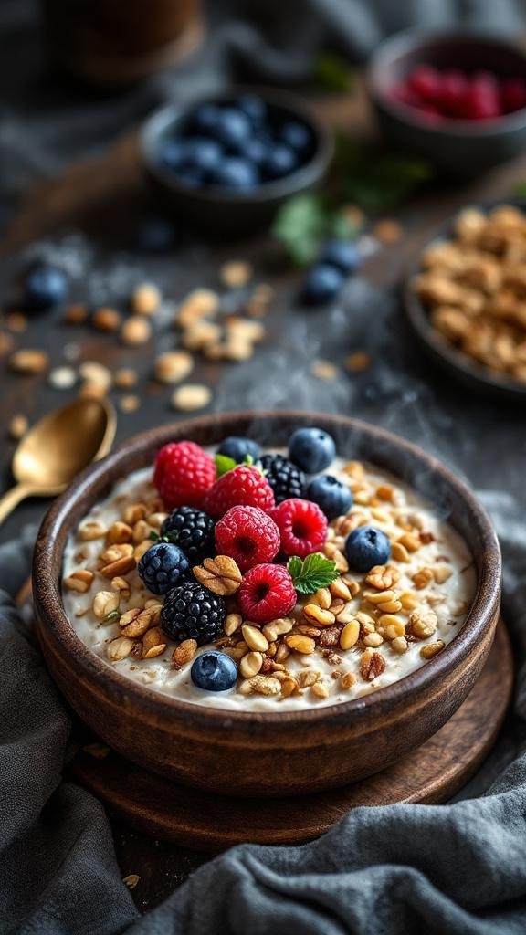 A bowl of oatmeal topped with fresh berries and granola on a wooden surface