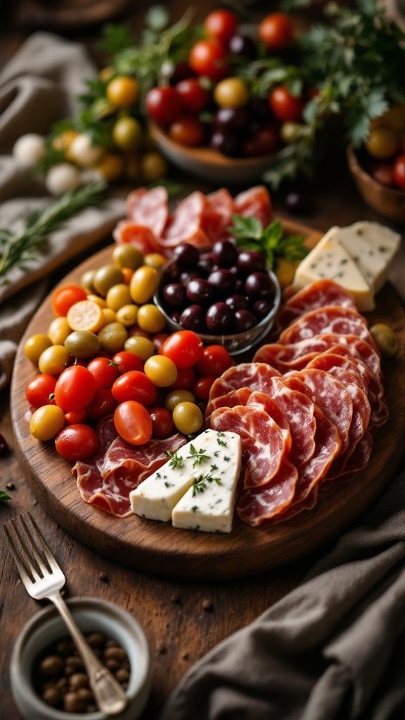 A beautifully arranged olive and antipasto platter featuring a variety of olives, cured meats, cheeses, and cherry tomatoes.