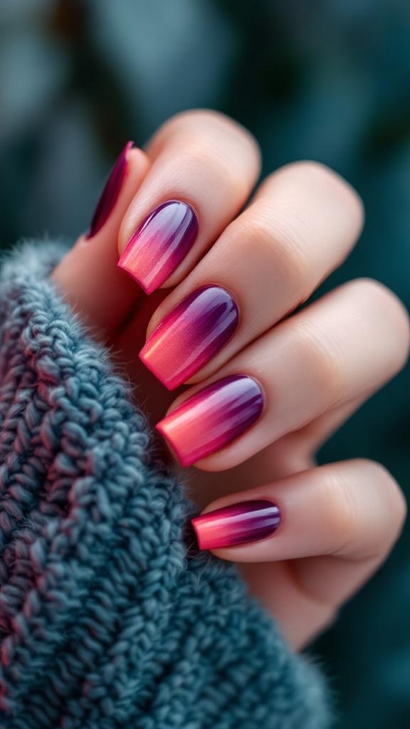 Ombre gradient nails featuring a blend of purple and pink colors.