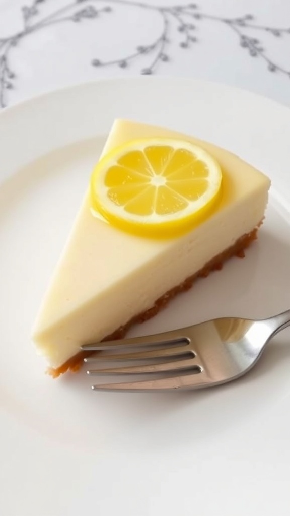 Slice of rich and creamy lemon cheesecake garnished with lemon slices and mint leaves
