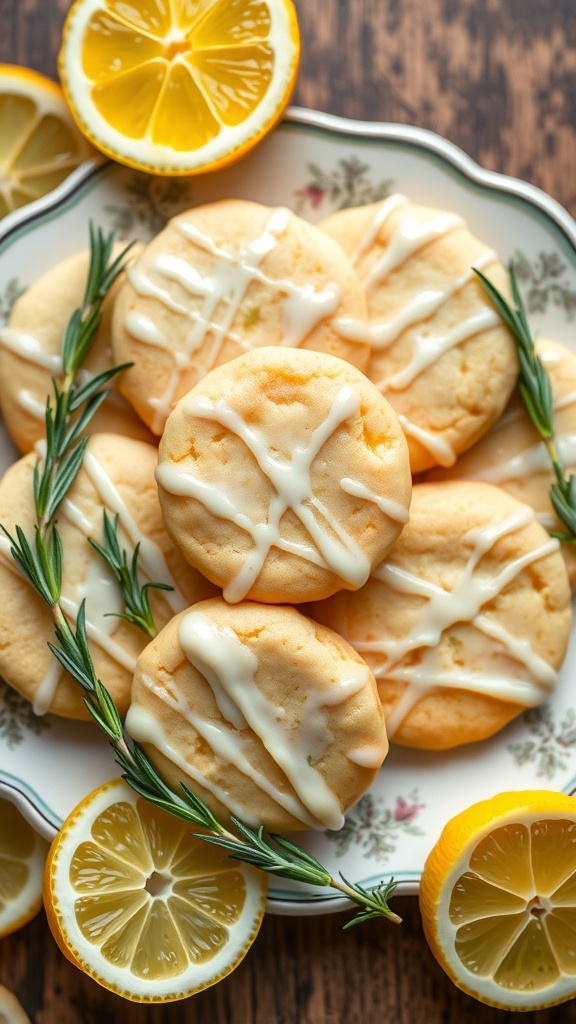A platter of lemon cookies drizzled with icing, surrounded by fresh lemon slices and rosemary sprigs.