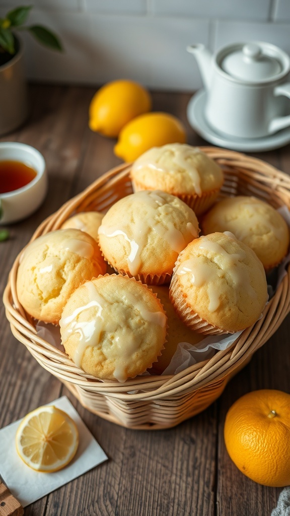 A basket of freshly baked lemon muffins with a glaze, surrounded by lemons.