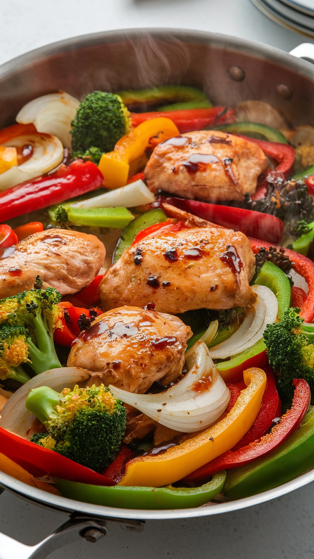 A colorful one-pan chicken and vegetable stir-fry with bell peppers, broccoli, and onions.