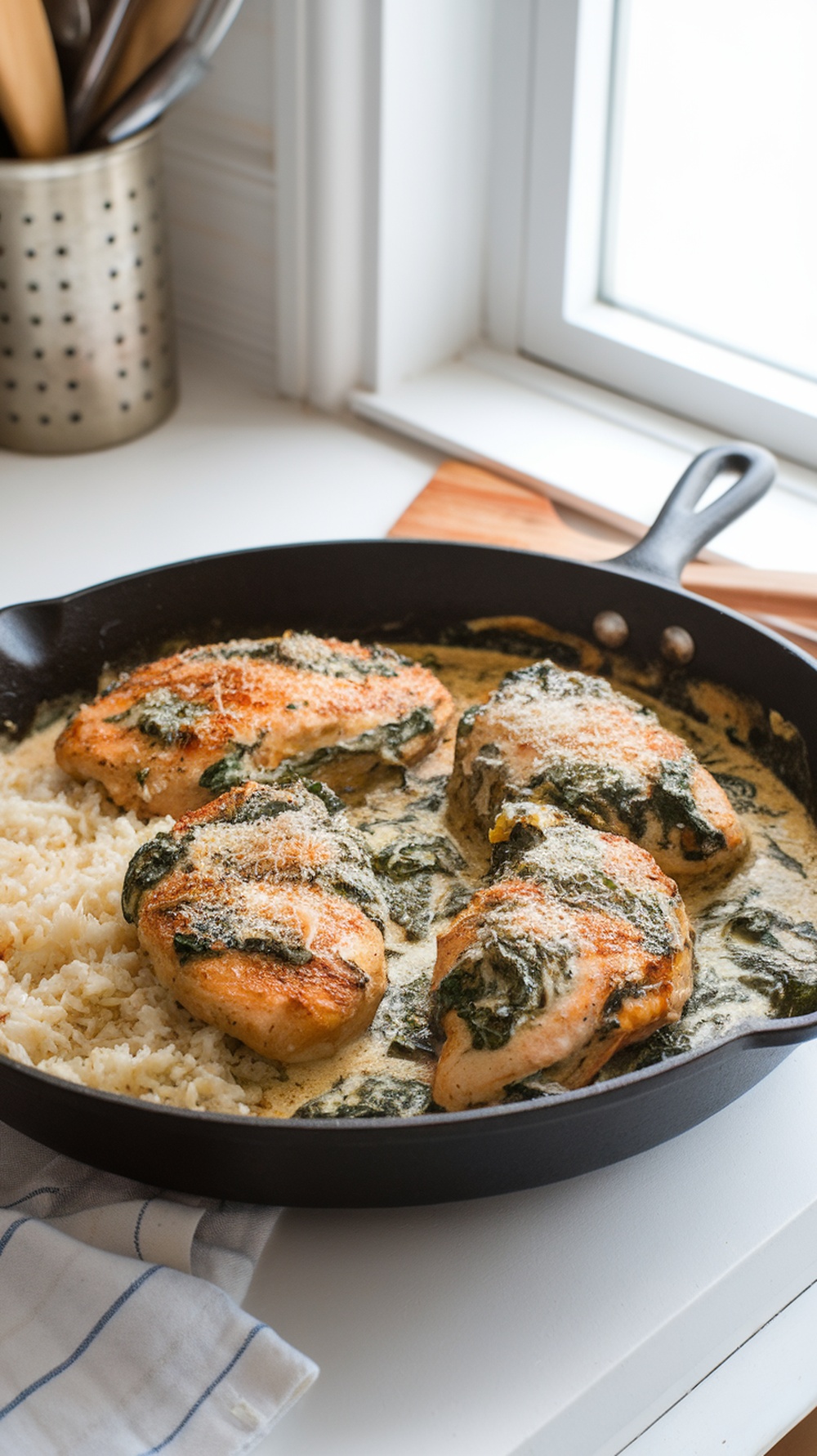 One-Pan Creamy Spinach Chicken with rice in a skillet
