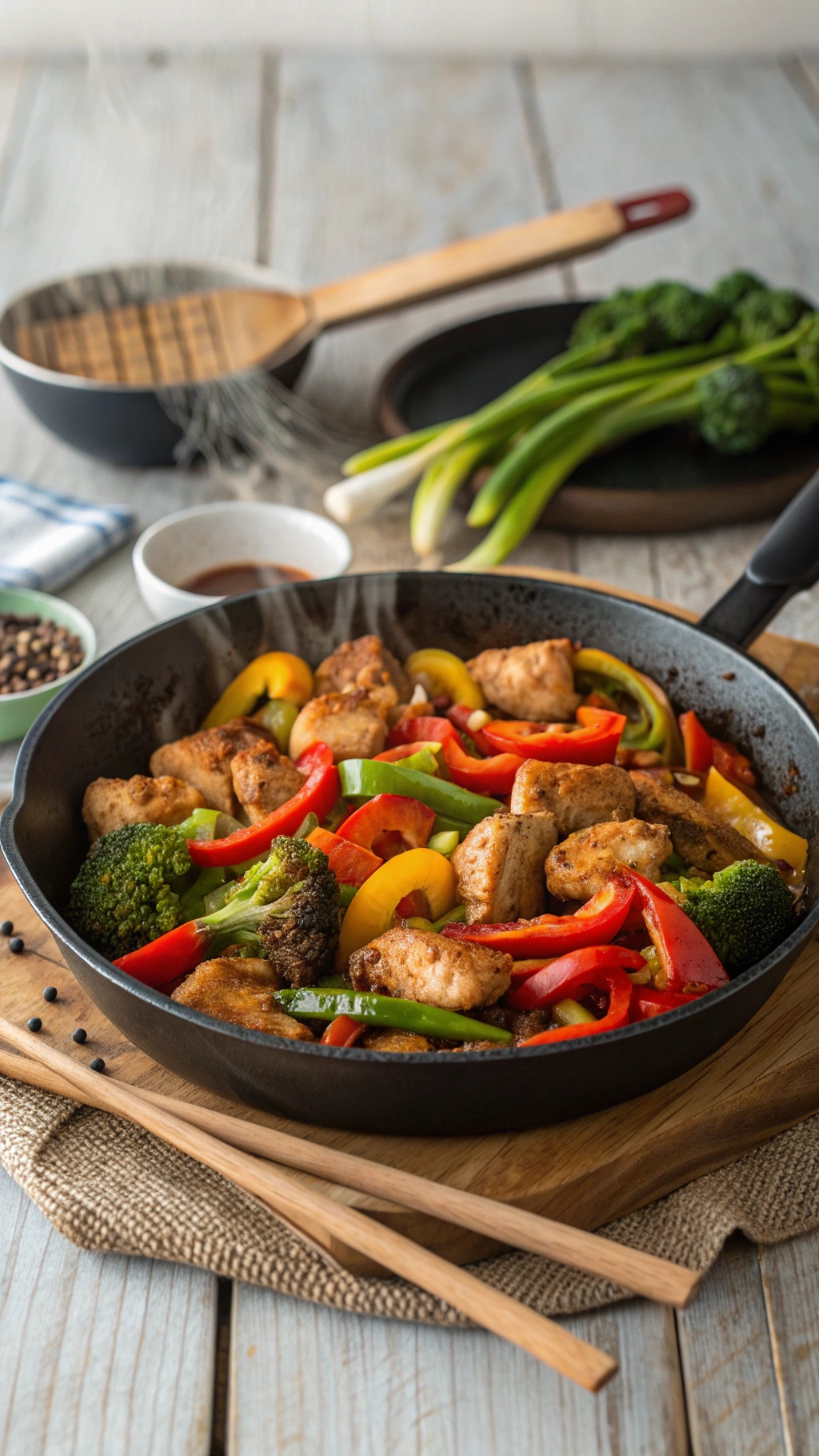 A colorful one-pan teriyaki chicken and vegetables dish with vibrant bell peppers and broccoli.