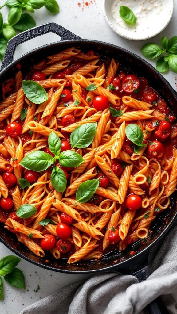 A vibrant one-pan tomato basil pasta dish with cherry tomatoes and fresh basil.
