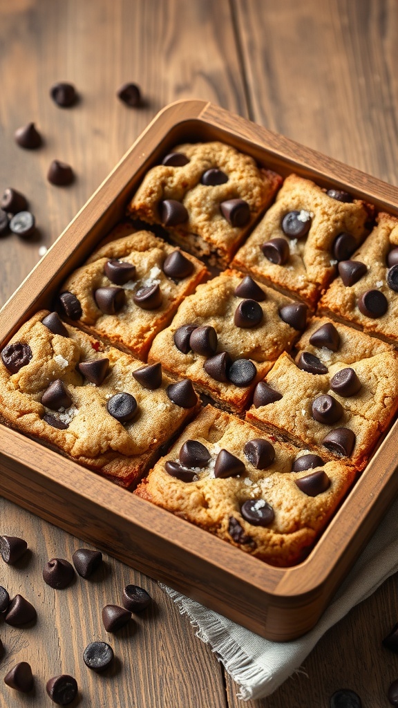 A tray of chocolate chip cookie bars cut into squares, topped with chocolate chips, on a wooden table.
