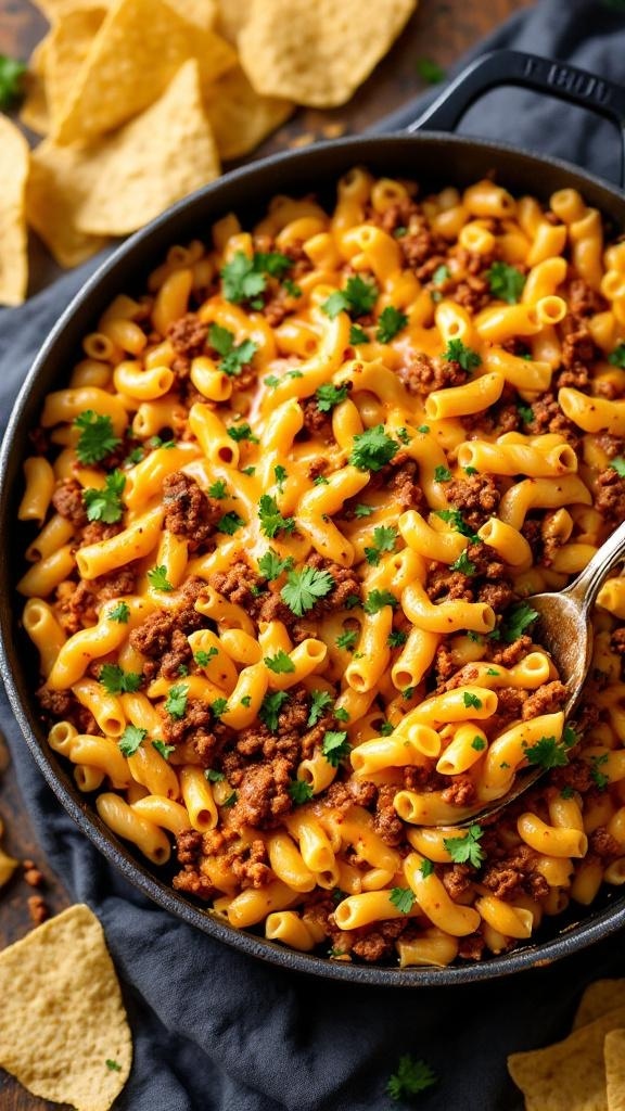 A pot of cheesy taco pasta topped with ground meat and cilantro, with tortilla chips on the side.