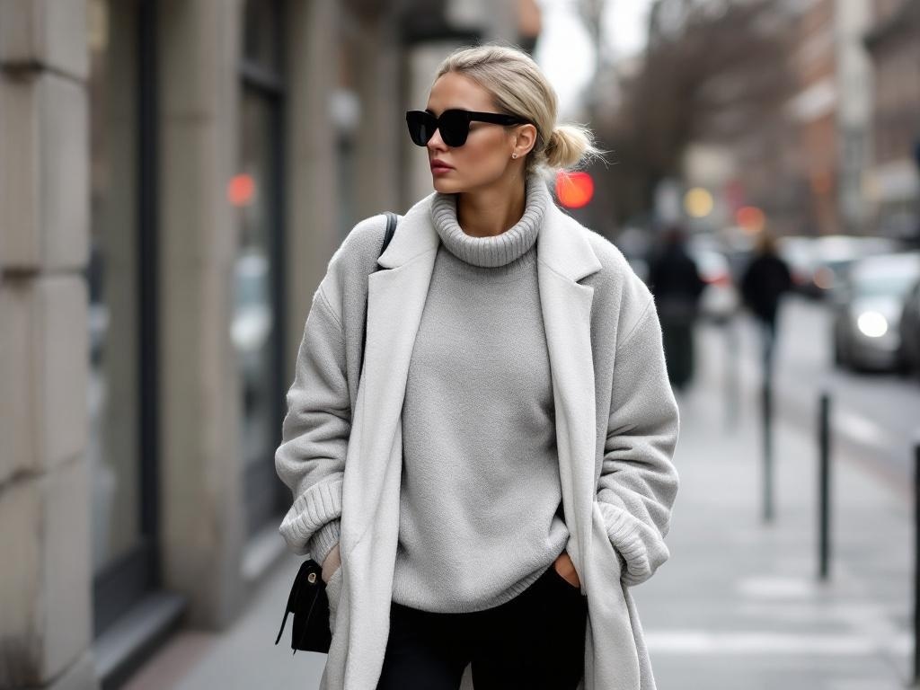 A woman wearing a gray cardigan, turtleneck, and black pants, walking on a city street.