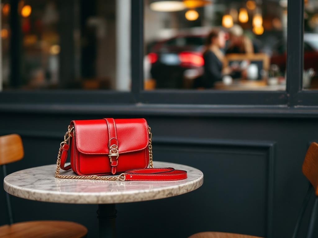 A red crossbody bag on a marble table in a cafe setting.
