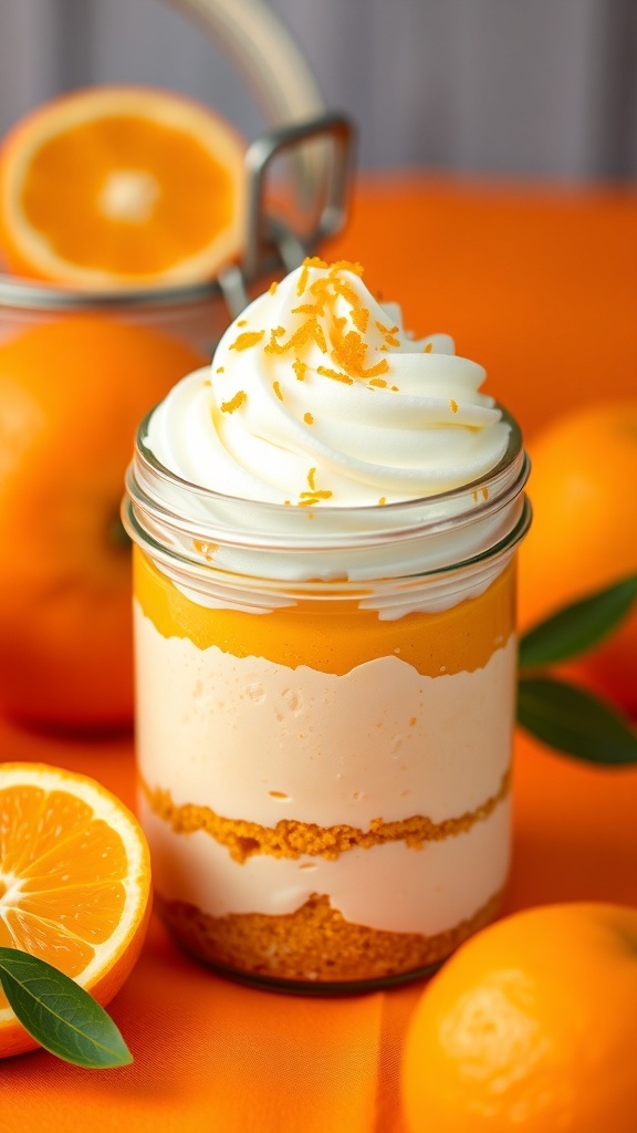 Orange Creamsicle Cheesecake Jar with whipped cream and orange zest on top, surrounded by fresh oranges.