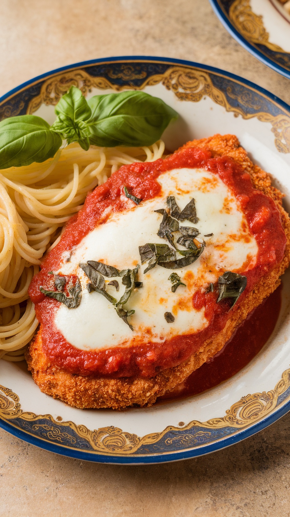 Oven-baked chicken parmesan served with spaghetti and garnished with basil