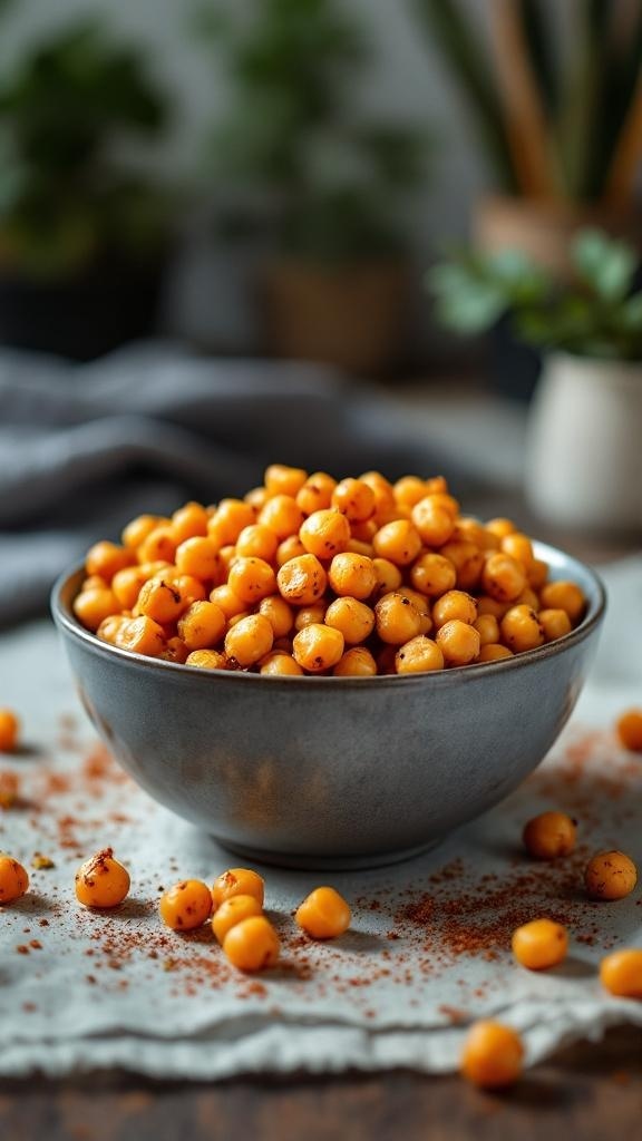 A bowl of oven-roasted chickpeas with spices, surrounded by scattered chickpeas on a cloth.