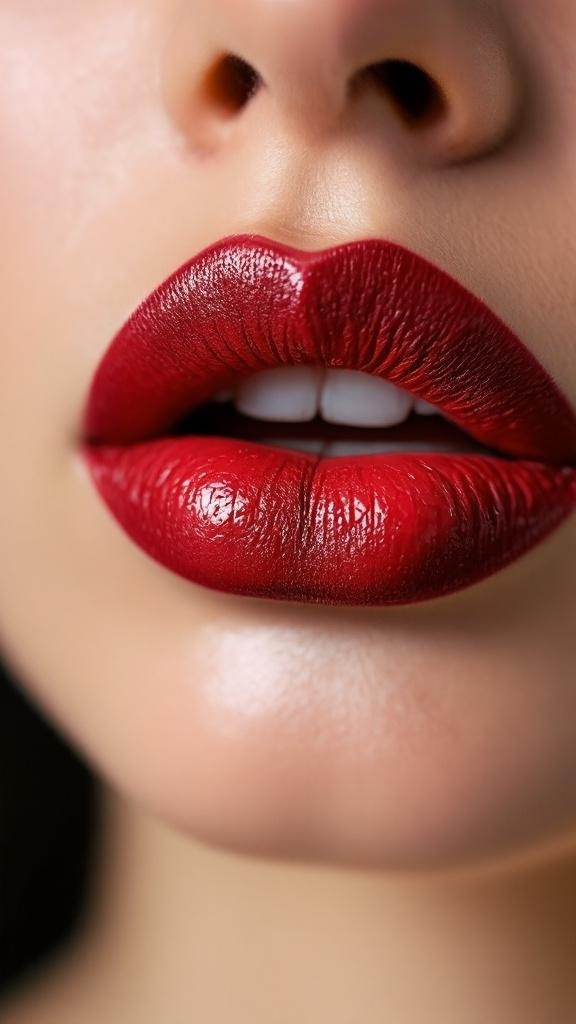 Close-up of lips with bold red lipstick and lip liner.
