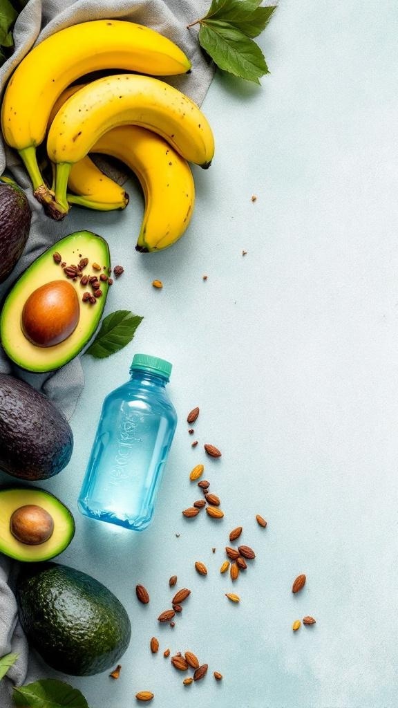 A collection of bananas, avocados, nuts, and a water bottle, representing sources of electrolytes.