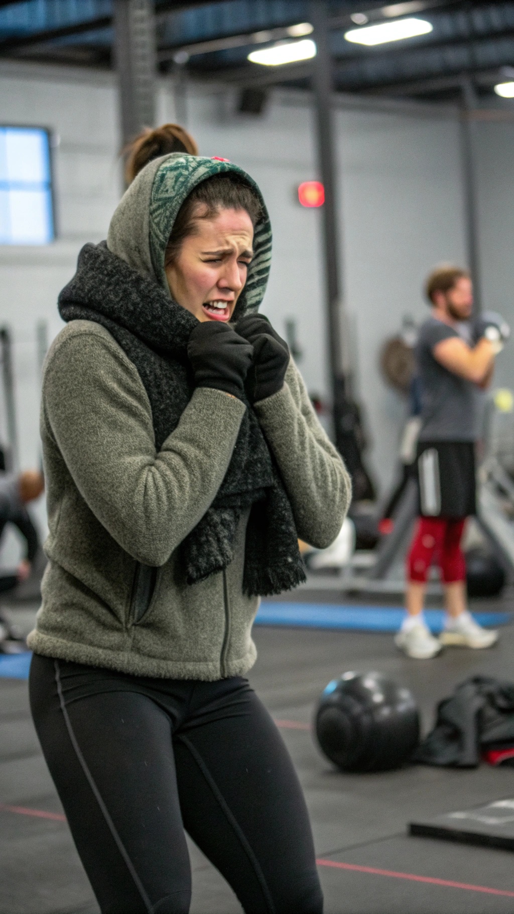 A woman in a gym wearing a cozy sweater and scarf, looking cold while exercising.