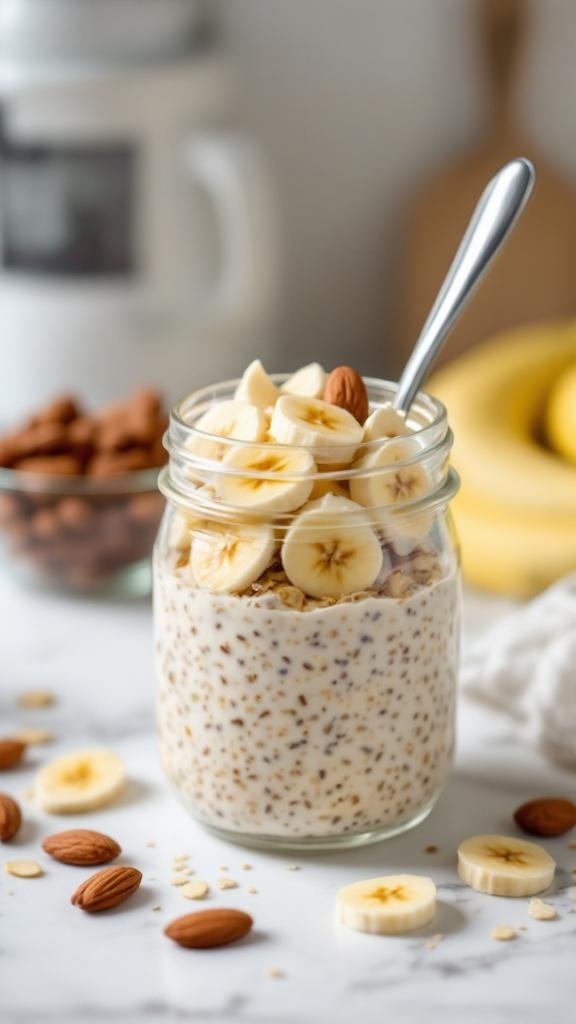 A jar of overnight oats topped with sliced bananas and almonds, with a bowl of almonds in the background.