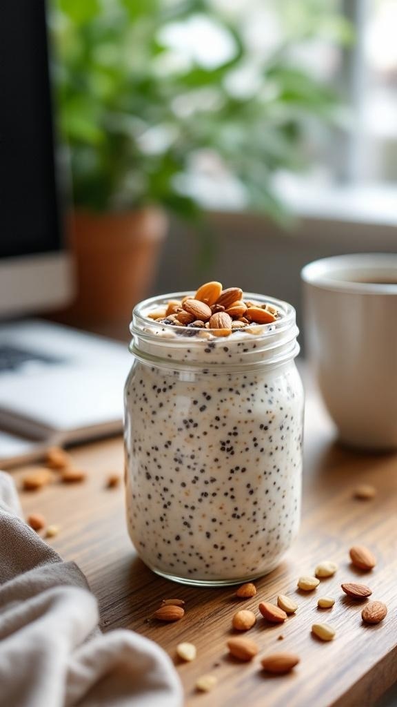 A jar of overnight oats with chia seeds and almonds on a wooden table, with a laptop and a cup of coffee in the background.