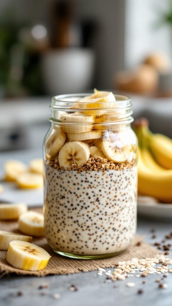 A jar of overnight oats with chia seeds topped with banana slices, surrounded by banana pieces.
