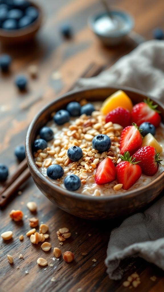A bowl of overnight oats topped with fresh fruits and nuts on a wooden table.