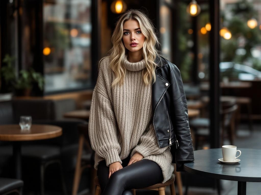 A model wearing an oversized sweater and leggings, paired with a leather jacket, sitting at a cafe.