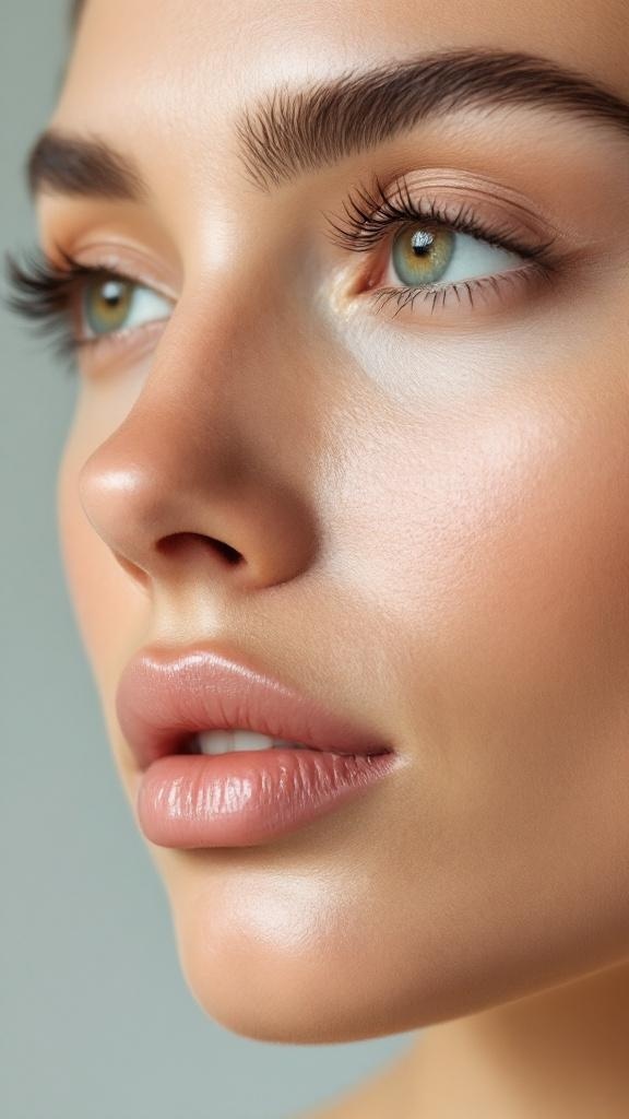 Close-up of a woman's face with flawless skin and natural makeup