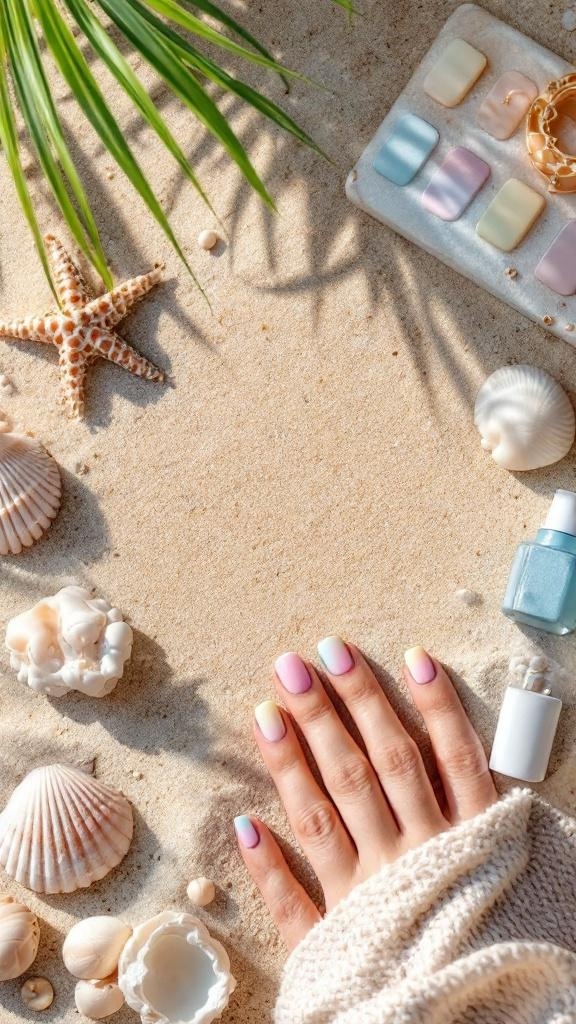 A hand with pastel color block nails resting on sandy beach with seashells and a starfish.